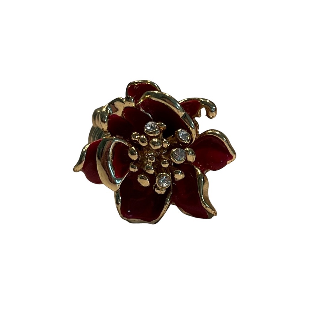 New! Amrita Singh Flower Stretch Ring - Red / Gold Tone